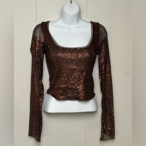 Free People Intimately Sequin Long Sleeve Top Square Neck Chocolate Brown Sz XS